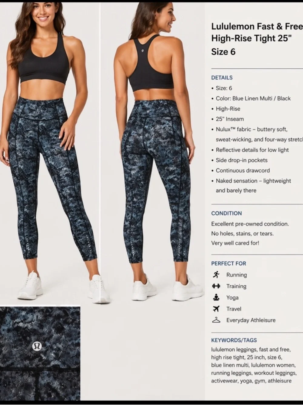 Lululemon Fast and Free High Rise Tight 25 Ice Dye Cerulean Blue Sz 4 Nulux